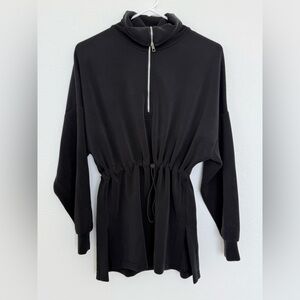 Black Drawstring Waist Zip-Front Long Sleeve Dress
